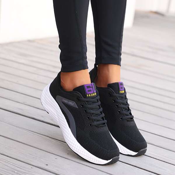 

Letter Graphic Breathable Lace-Up Front Running Shoes, Black