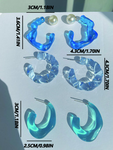 3 cặp hoa tai nhựa nửa tròn vòng cuff vòng - Màu xanh lam - Xem 3