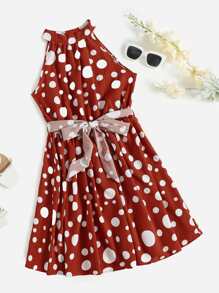 SHEIN VCAY Polka Dot Keyhole Back Belted Dress - Multicolor - View 1
