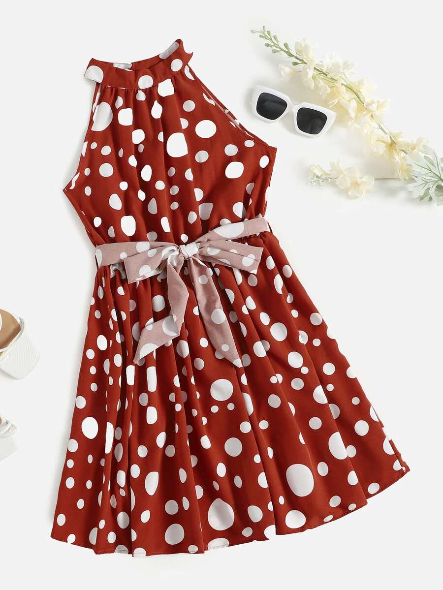 SHEIN VCAY Polka Dot Keyhole Back Belted Dress - Multicolor - View 1
