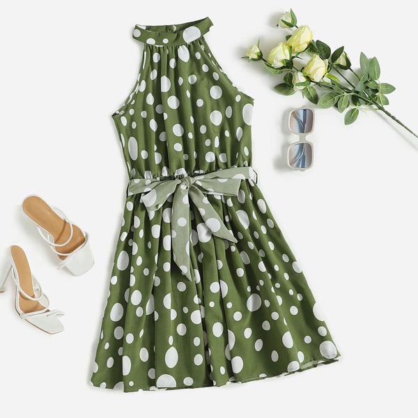 

Polka Dot Keyhole Back Belted Dress, Green