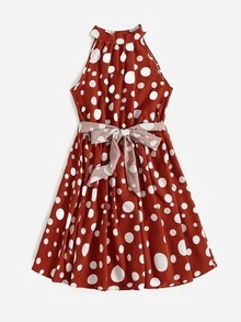SHEIN VCAY Polka Dot Keyhole Back Belted Dress - Multicolor - View 3