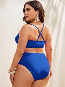 加大码环链式吊带高腰比基尼套装夏季海滩 - 藍色 - 查看 2