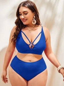 加大码环链式吊带高腰比基尼套装夏季海滩 - 藍色 - 查看 4