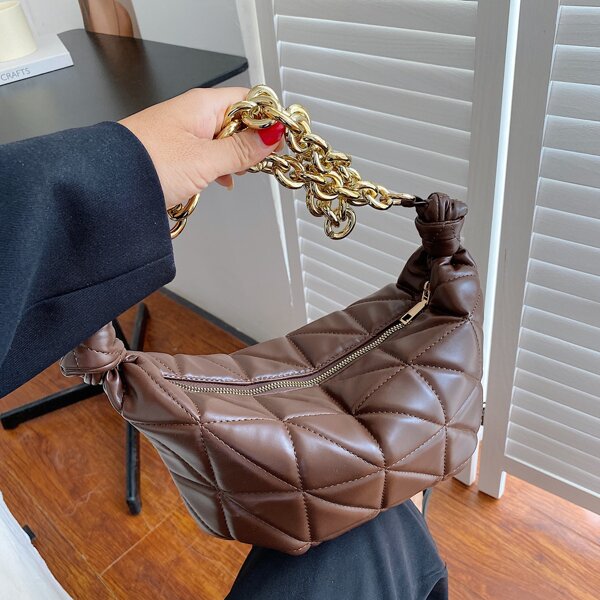 

Croc Embossed Chain Shoulder Bag, Coffee brown