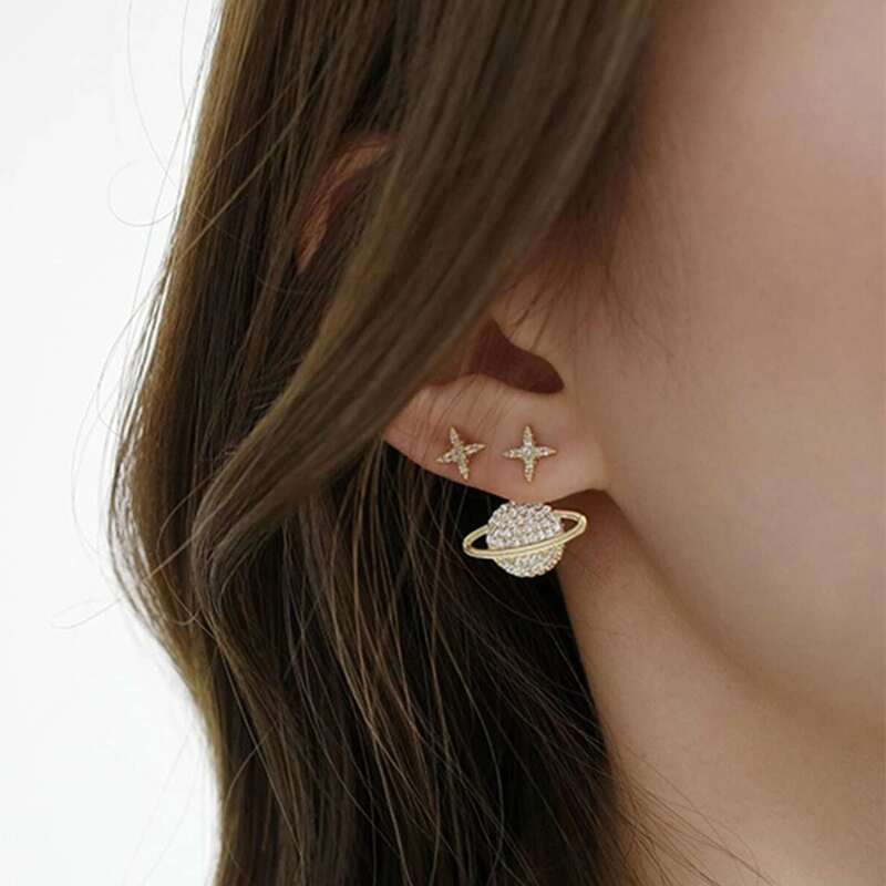 2pcs Planet Design Earrings, Gold