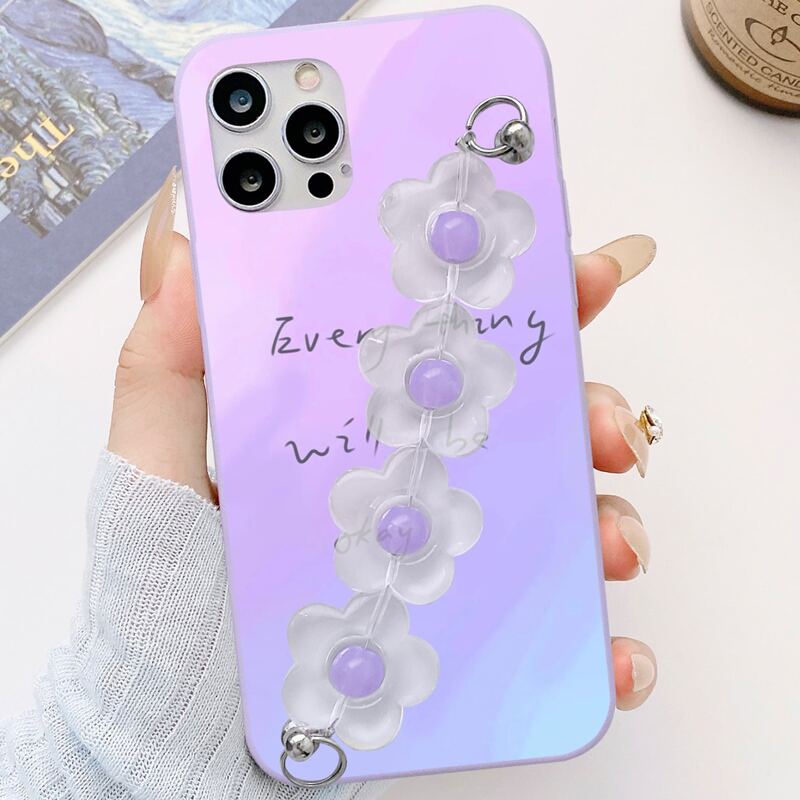 

Letter Graphic Phone Case With Flower Hand Strap, Multicolor