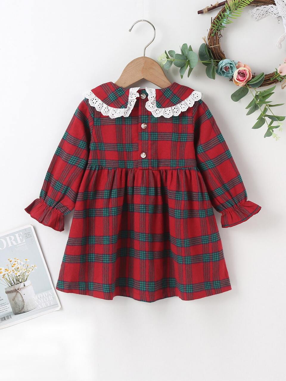 Baby Plaid Eyelet Embroidery Frill Trim Flounce Sleeve Dress