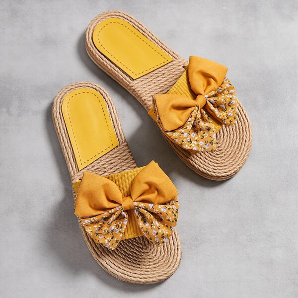 

Floral Pattern Bow Decor Braided Detail Slides, Yellow