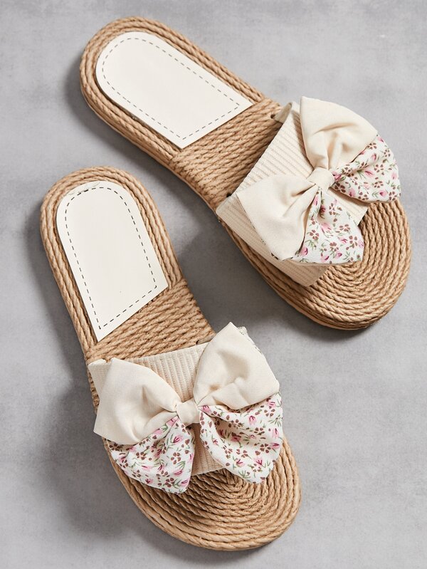 花卉圖案蝴蝶結裝飾編織細節拖鞋