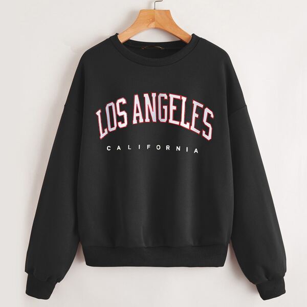 

Plus Drop Shoulder Letter Embroidery Thermal Pullover, Black