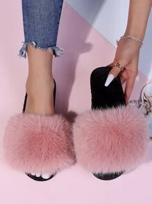 Fluffy Strap Open Toe Home Slippers - Pink - View 1