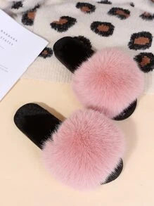 Fluffy Strap Open Toe Home Slippers - Pink - View 3