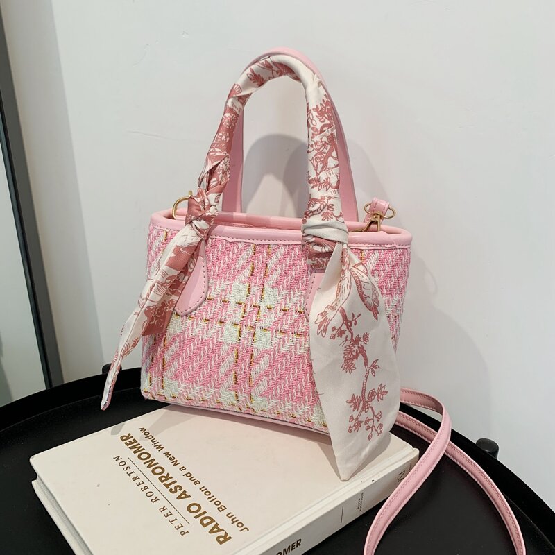 

Plaid Pattern Scarf Decor Satchel Bag, Pink