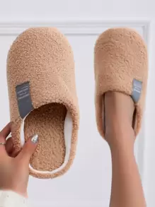 Fluffy Letter Patch Home Slippers - Khaki - View 2