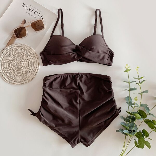 

Solid Twist Front Push Up Bikini Swimsuit, Chocolate brown