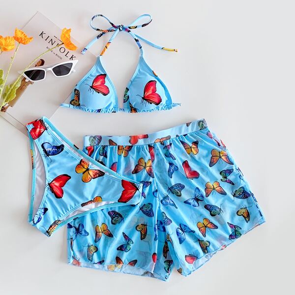 

3pack Butterfly Print Halter Triangle Bikini Swimsuit & Beach Shorts, Multicolor