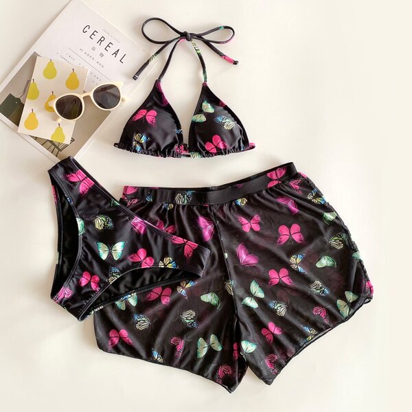 

3pack Butterfly Print Halter Triangle Bikini Swimsuit & Beach Shorts, Multicolor