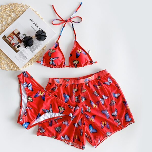

3pack Butterfly Print Halter Triangle Bikini Swimsuit & Beach Shorts, Multicolor