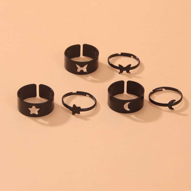 

6pcs Star & Moon Cuff Ring, Black