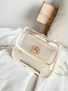 Clear Chain Bag With Flap Satchel Bag - White - View 1
