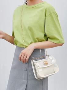 Clear Chain Bag With Flap Satchel Bag - White - View 2