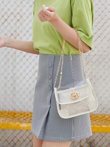 Clear Chain Bag With Flap Satchel Bag - White - View 4