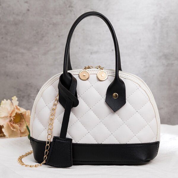 

Two Tone Quilted Dome Bag, Black and white