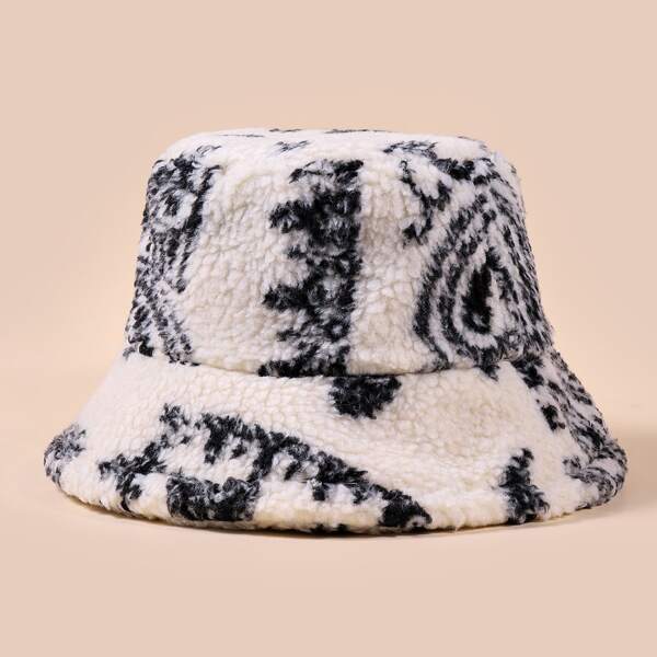 

Graphic Fuzzy Bucket Hat, Black and white