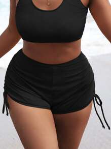 Swim Vcay Summer Beach Plus Drawstring Side Bikini Shorts - Black - View 1