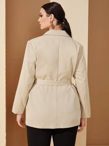 Plus 1Pc Lapel Collar Flap Detail Belted Blazer - Khaki - View 2