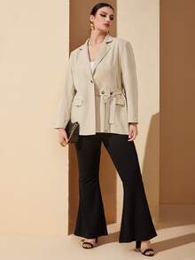 Plus 1Pc Lapel Collar Flap Detail Belted Blazer - Khaki - View 4