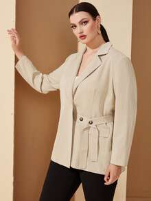 Plus 1Pc Lapel Collar Flap Detail Belted Blazer - Khaki - View 5