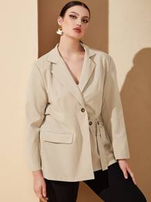 Plus 1Pc Lapel Collar Flap Detail Belted Blazer - Khaki - View 3