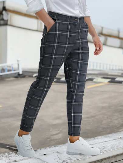 Men Plaid Pocket Side Pants