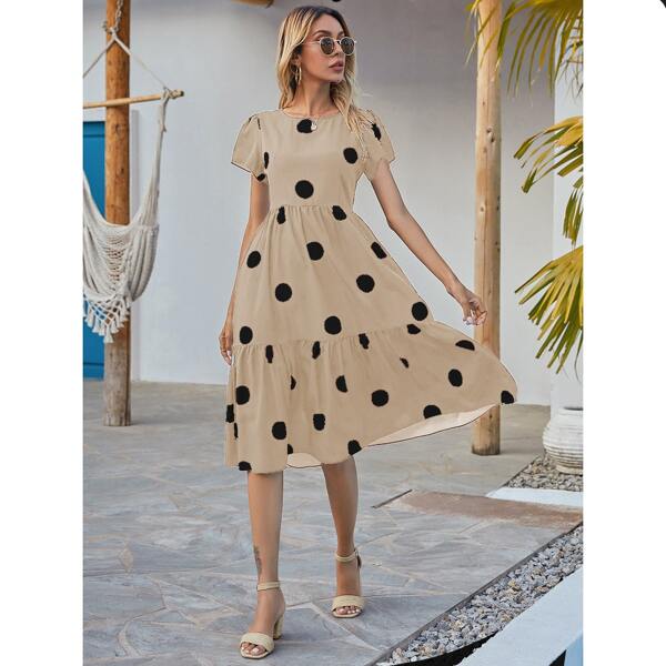 

Polka Dot Ruffle Hem A-line Dress, Apricot
