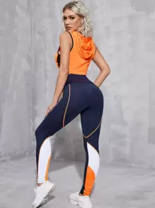 SHEIN Running 2入組高彈力撞色套裝工作套裝抽繩撞色滾邊背心上衣寬腰帶緊身打底褲 - 彩色 - 查看 1