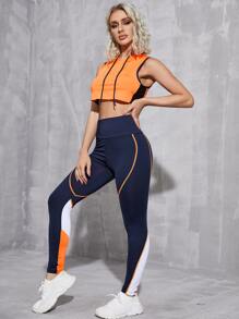 SHEIN Running 2入組高彈力撞色套裝工作套裝抽繩撞色滾邊背心上衣寬腰帶緊身打底褲 - 彩色 - 查看 5