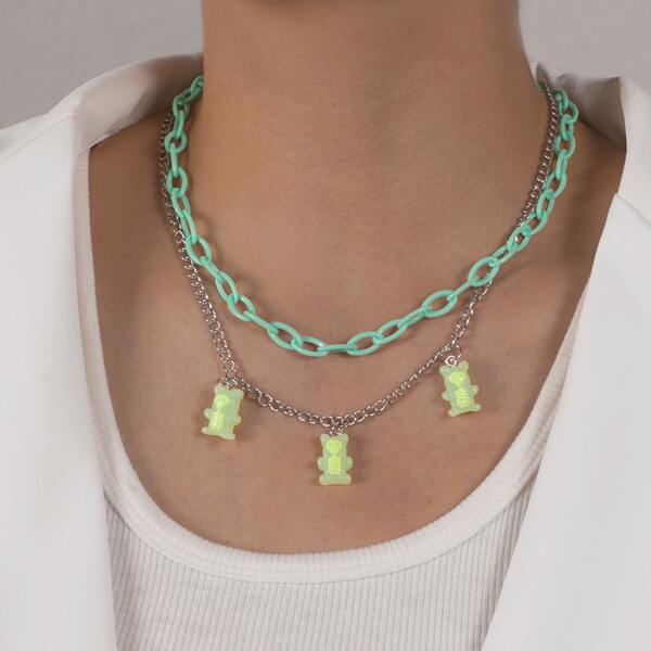 

Bear Charm Chain Necklace, Green