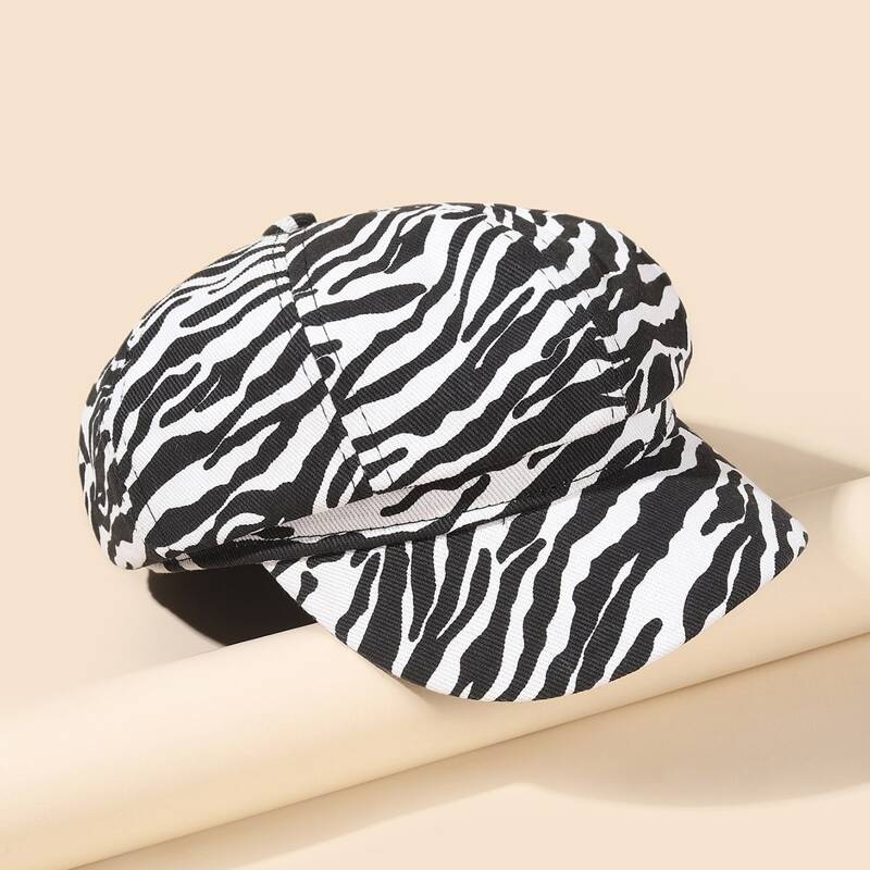 

Zebra Stripe Print Baker Boy Cap, Black and white