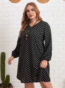 EMERY ROSE 大碼波點圖案燈籠袖洋裝 - 黑色 - 查看 1