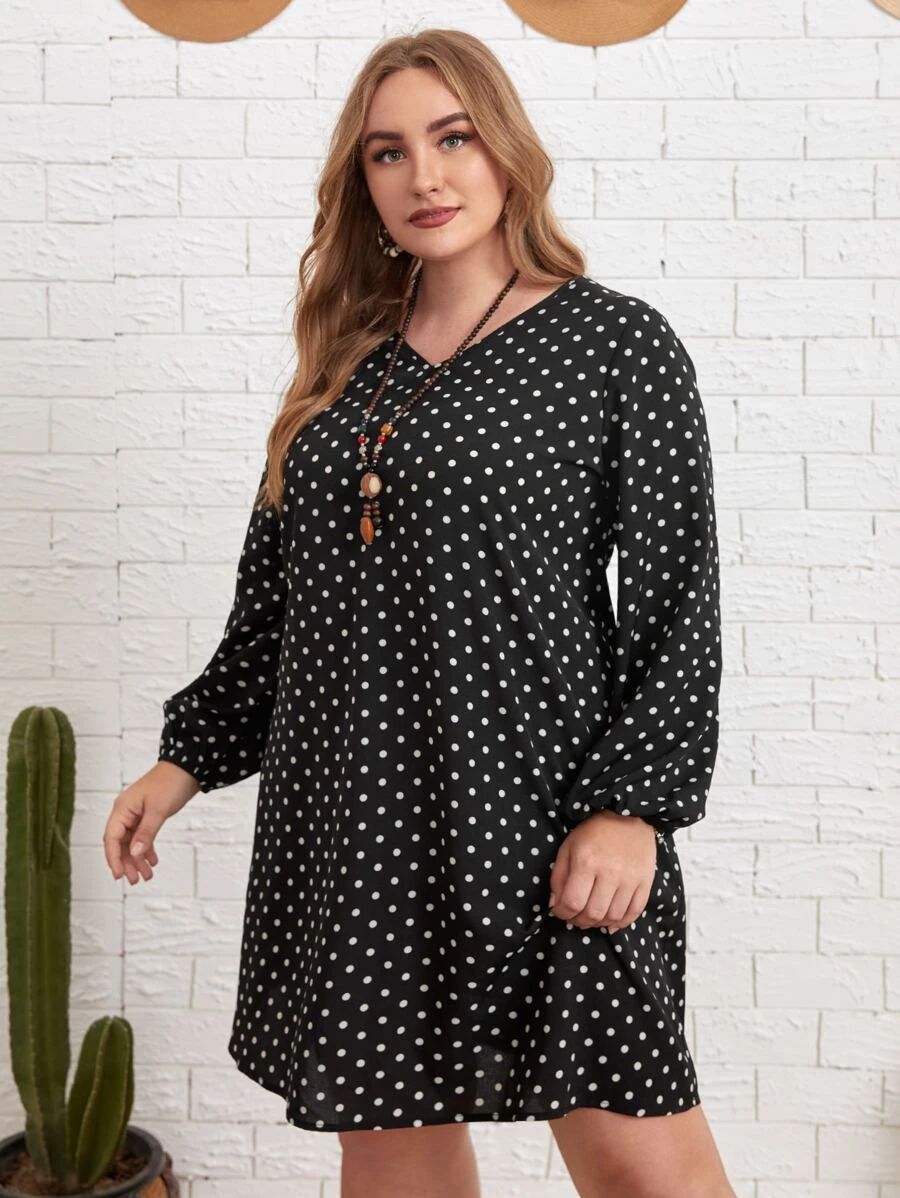 EMERY ROSE 大碼波點圖案燈籠袖洋裝 - 黑色 - 查看 1