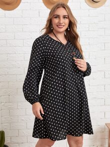 EMERY ROSE 大碼波點圖案燈籠袖洋裝 - 黑色 - 查看 4