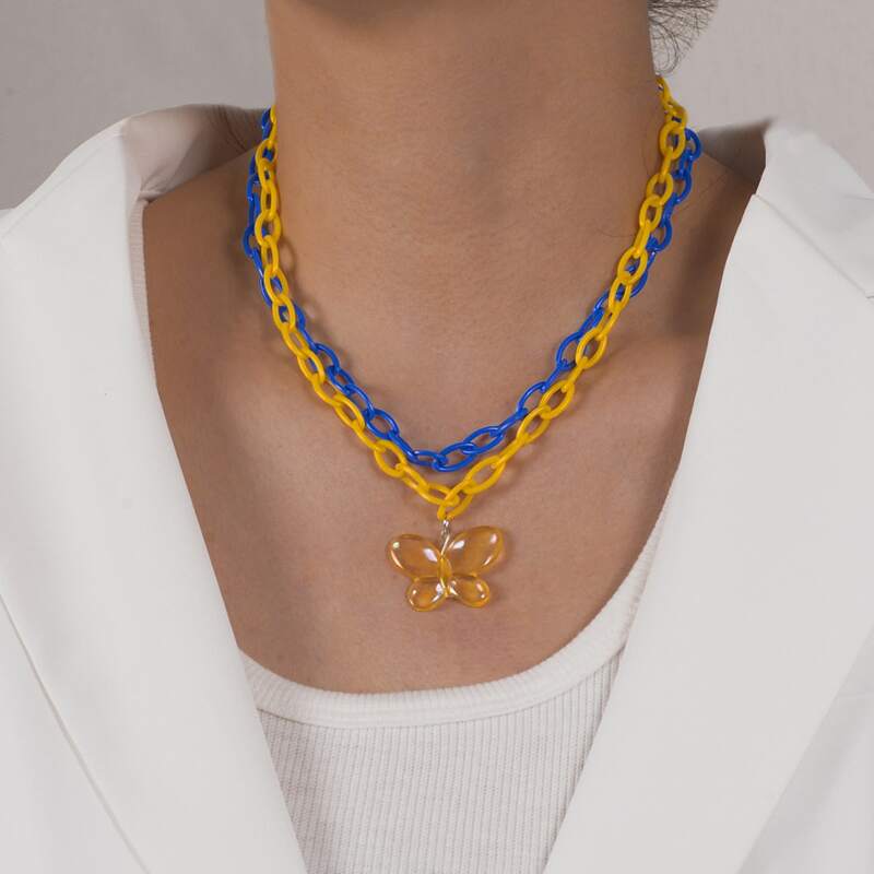 

Butterfly Charm Layered Necklace, Blue