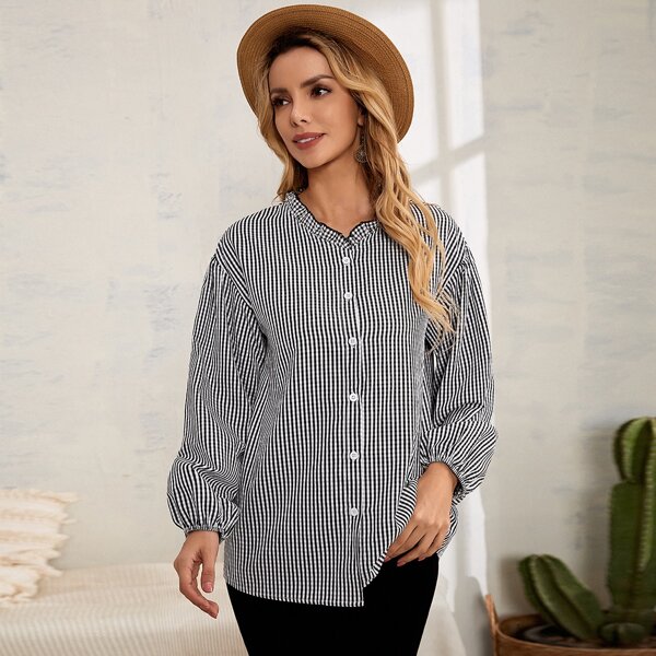

Gingham Frill Trim Blouse, Black and white
