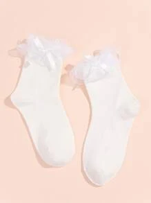 Comfortable Knee-High Socks With Contrast Mesh And Bowknot Decoration - White - View 2