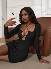 SHEIN SXY Cut Out Criss Cross Ribbed Knit Bodycon Dress - Black - View 1