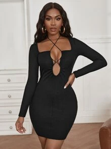 SHEIN SXY Cut Out Criss Cross Ribbed Knit Bodycon Dress - Black - View 3