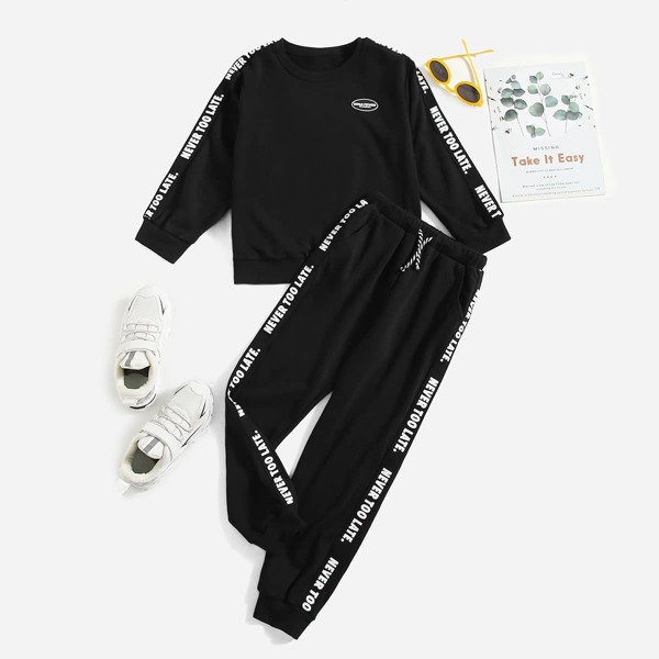 

Boys Patched Detail Contrast Letter Tape Pullover & Drawstring Waist Sweatpants, Black