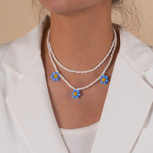 

2pcs Flower Charm Beaded Necklace, Blue